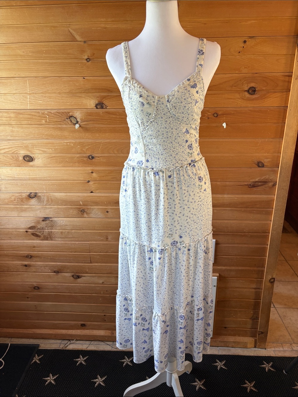 Sleeveless Cream Maxi Dress with Blue Floral Print